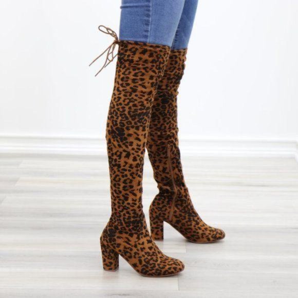 Suede Leopard Thigh High Heeled Boots - Picture 12 of 13